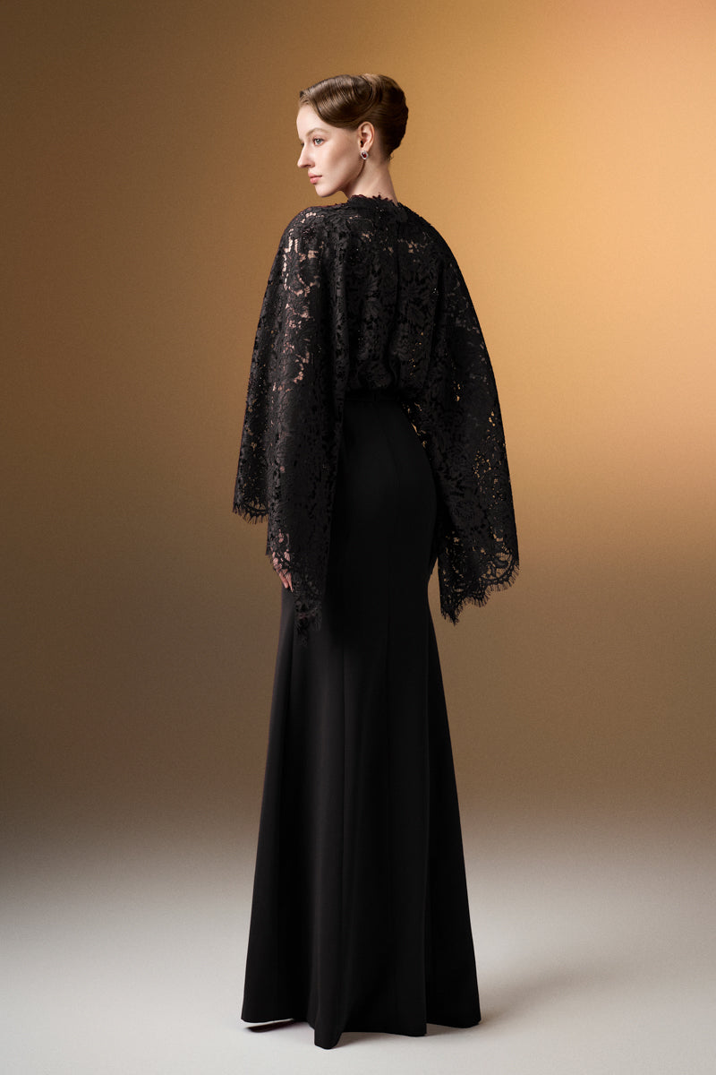 Round Neck Mermaid Gown With Kimono Sleeves In Black Crepe And French Lace