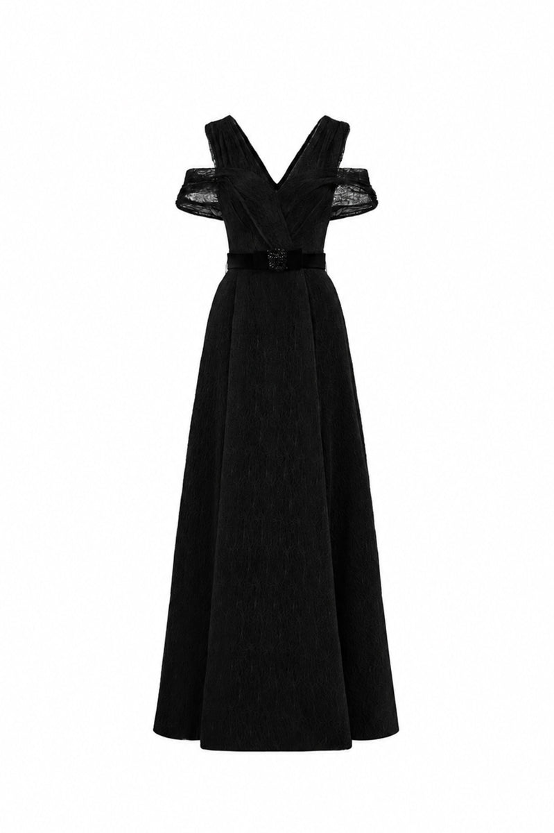 V Neck A-Line Gown With Waist Belt In Black Vine Guipure Lace And Black Lyon Velvet