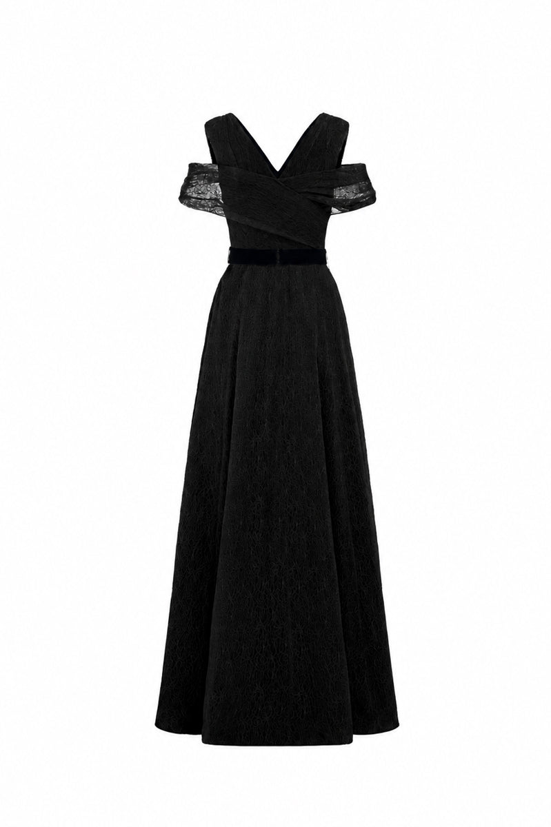 V Neck A-Line Gown With Waist Belt In Black Vine Guipure Lace And Black Lyon Velvet