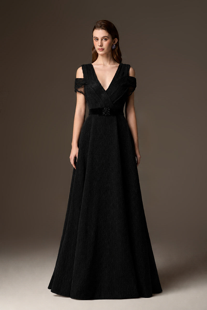 V Neck A-Line Gown With Waist Belt In Black Vine Guipure Lace And Black Lyon Velvet