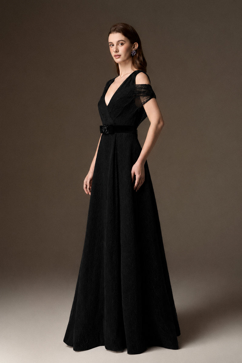 V Neck A-Line Gown With Waist Belt In Black Vine Guipure Lace And Black Lyon Velvet