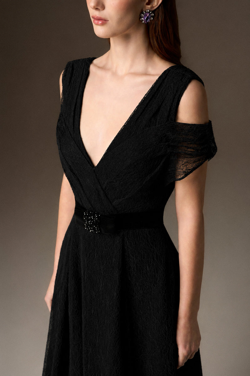 V Neck A-Line Gown With Waist Belt In Black Vine Guipure Lace And Black Lyon Velvet