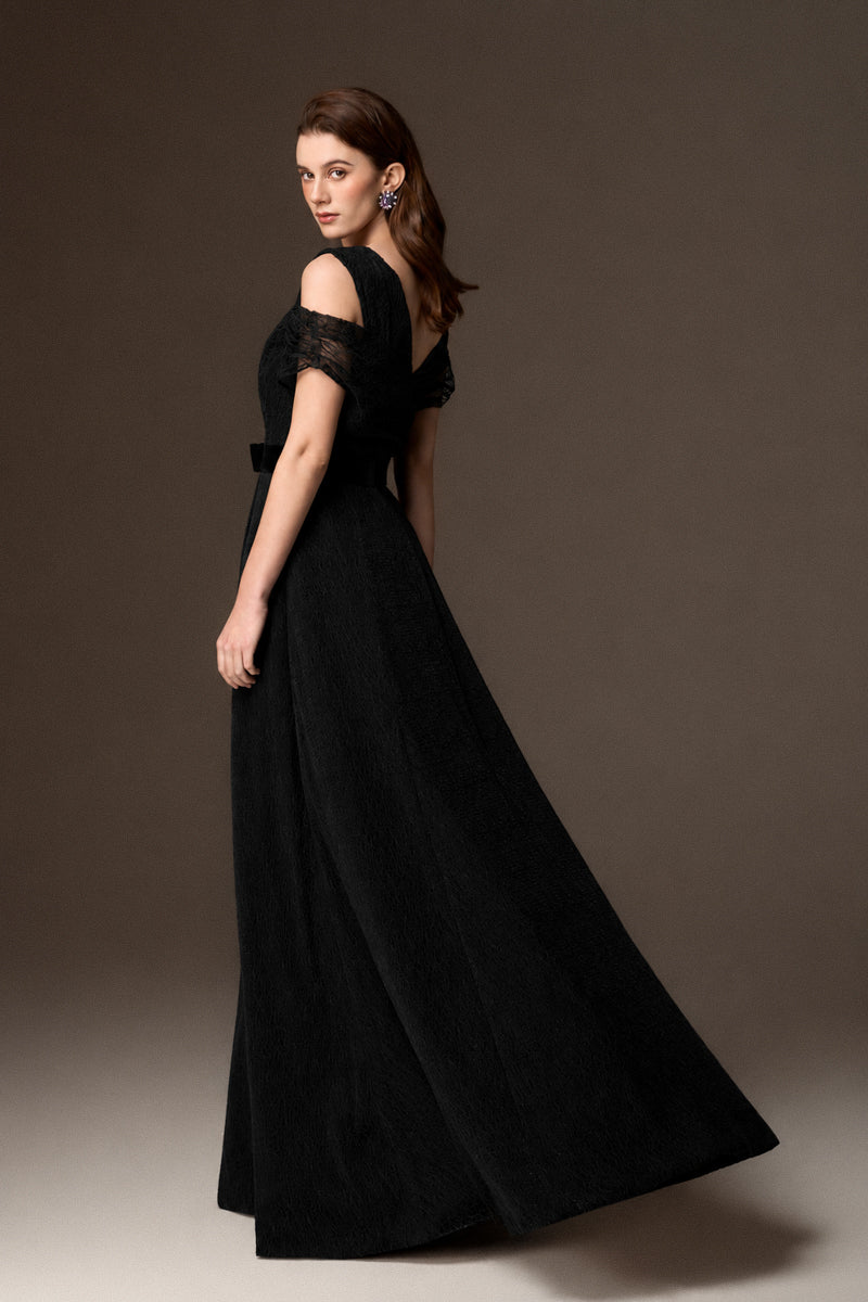 V Neck A-Line Gown With Waist Belt In Black Vine Guipure Lace And Black Lyon Velvet