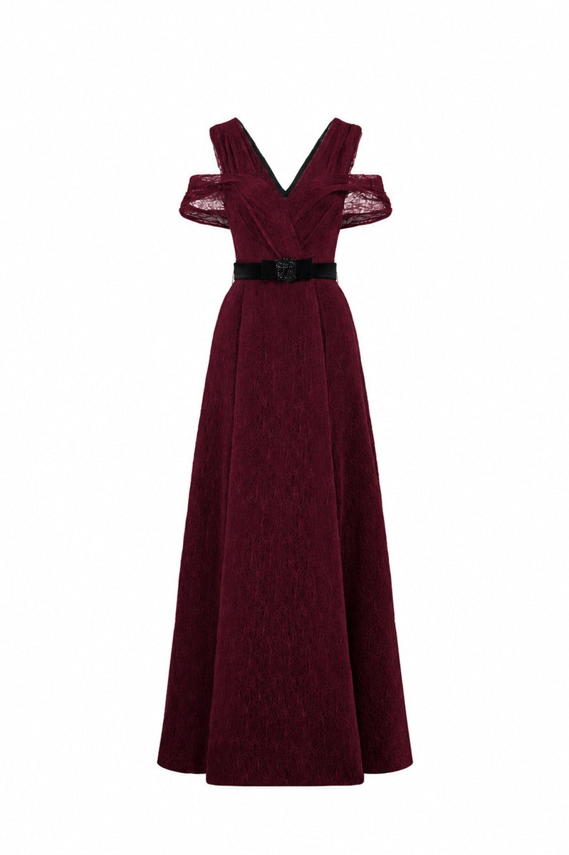 V Neck A-Line Gown With Waist Belt In Black Vine Guipure Lace And Dark Red Lyon Velvet