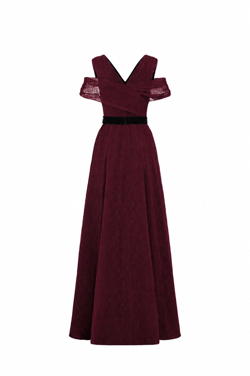 V Neck A-Line Gown With Waist Belt In Black Vine Guipure Lace And Dark Red Lyon Velvet