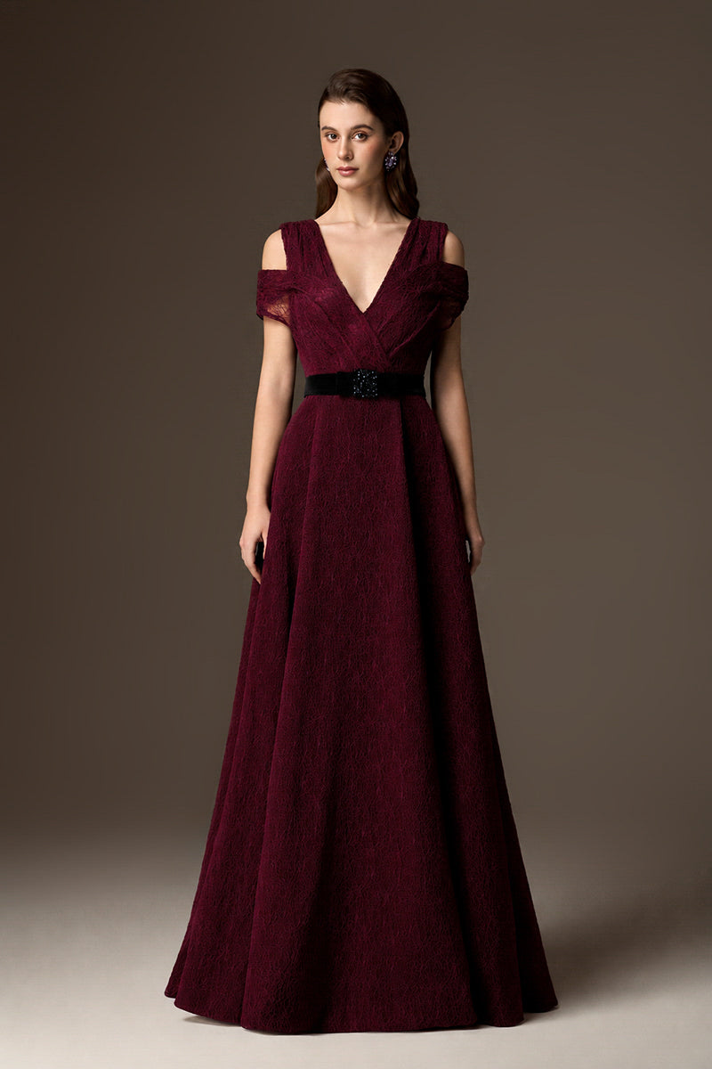 V Neck A-Line Gown With Waist Belt In Black Vine Guipure Lace And Dark Red Lyon Velvet