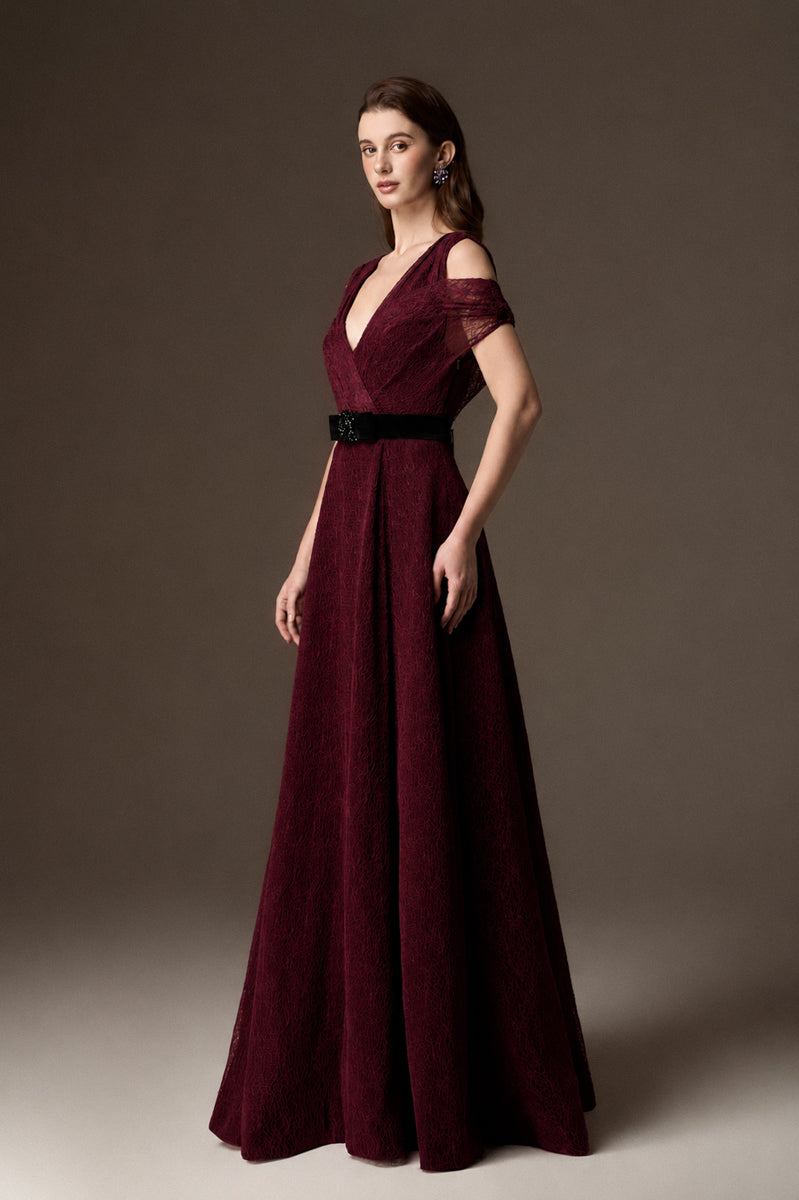 V Neck A-Line Gown With Waist Belt In Black Vine Guipure Lace And Dark Red Lyon Velvet