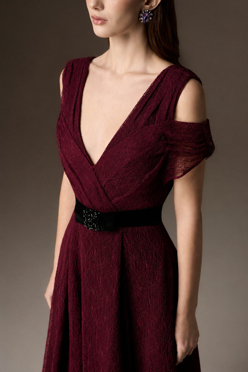 V Neck A-Line Gown With Waist Belt In Black Vine Guipure Lace And Dark Red Lyon Velvet