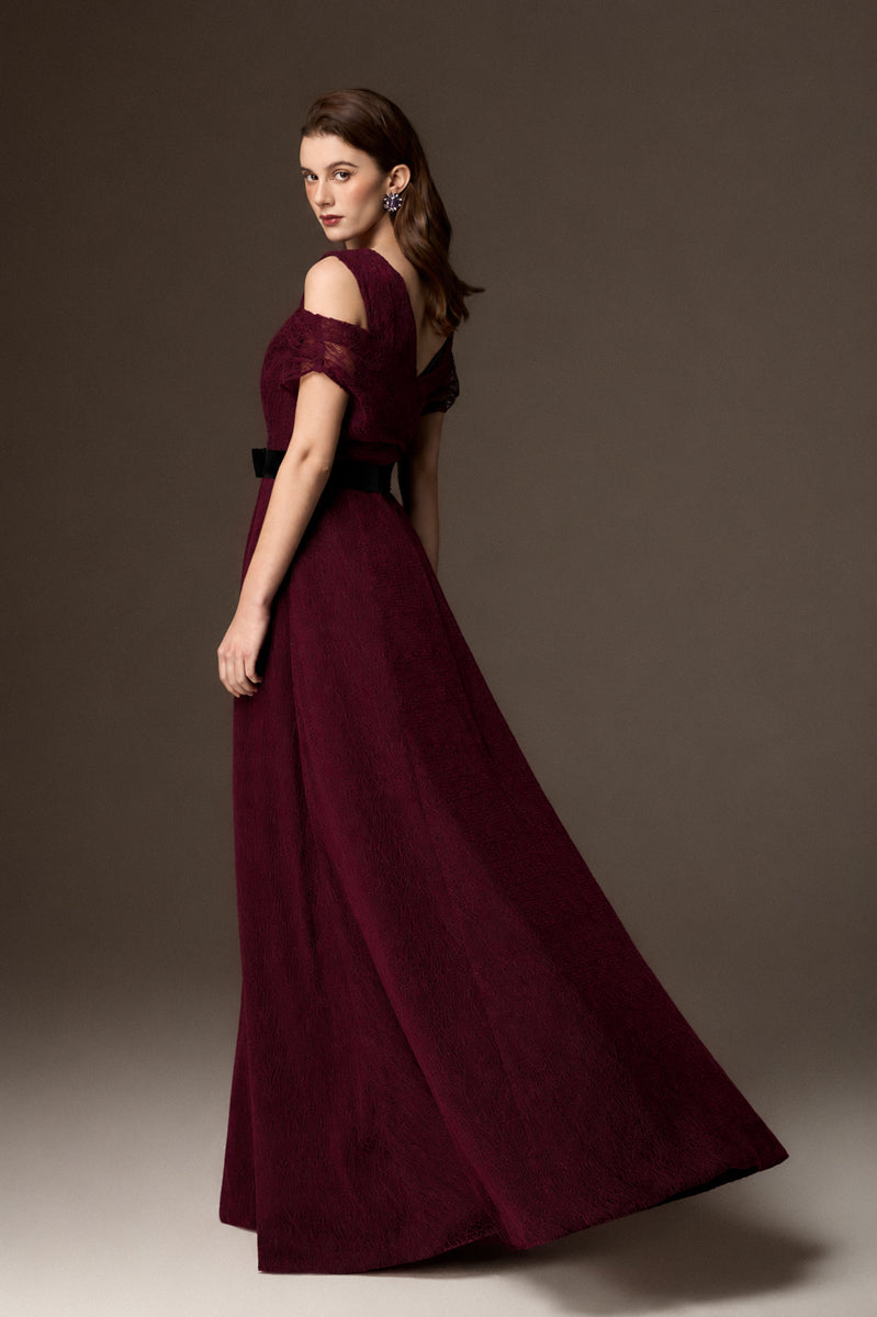 V Neck A-Line Gown With Waist Belt In Black Vine Guipure Lace And Dark Red Lyon Velvet