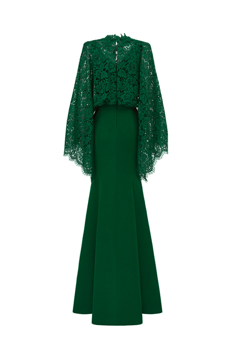 Round Neck Mermaid Gown With Kimono Sleeves In Green Crepe And French Lace