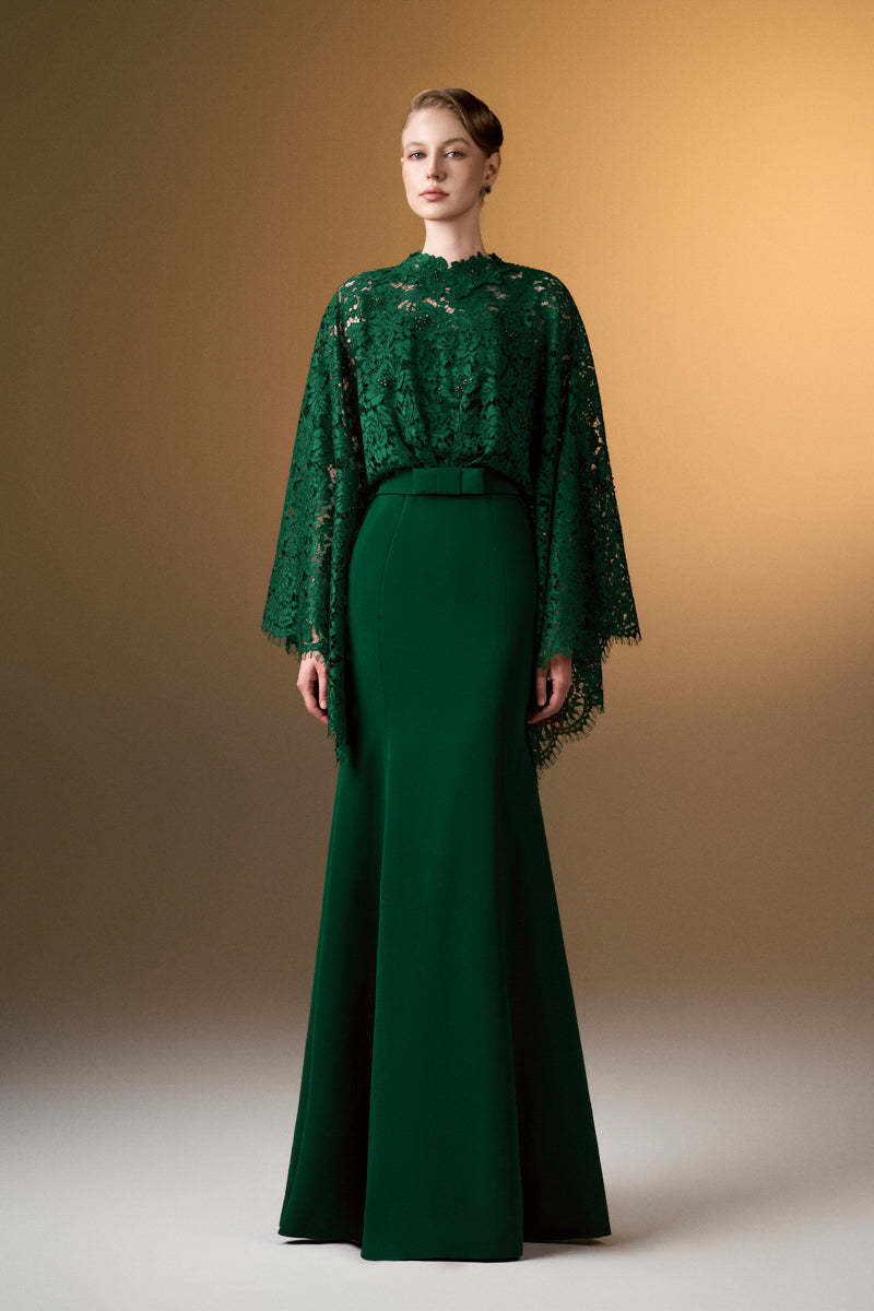 Round Neck Mermaid Gown With Kimono Sleeves In Green Crepe And French Lace