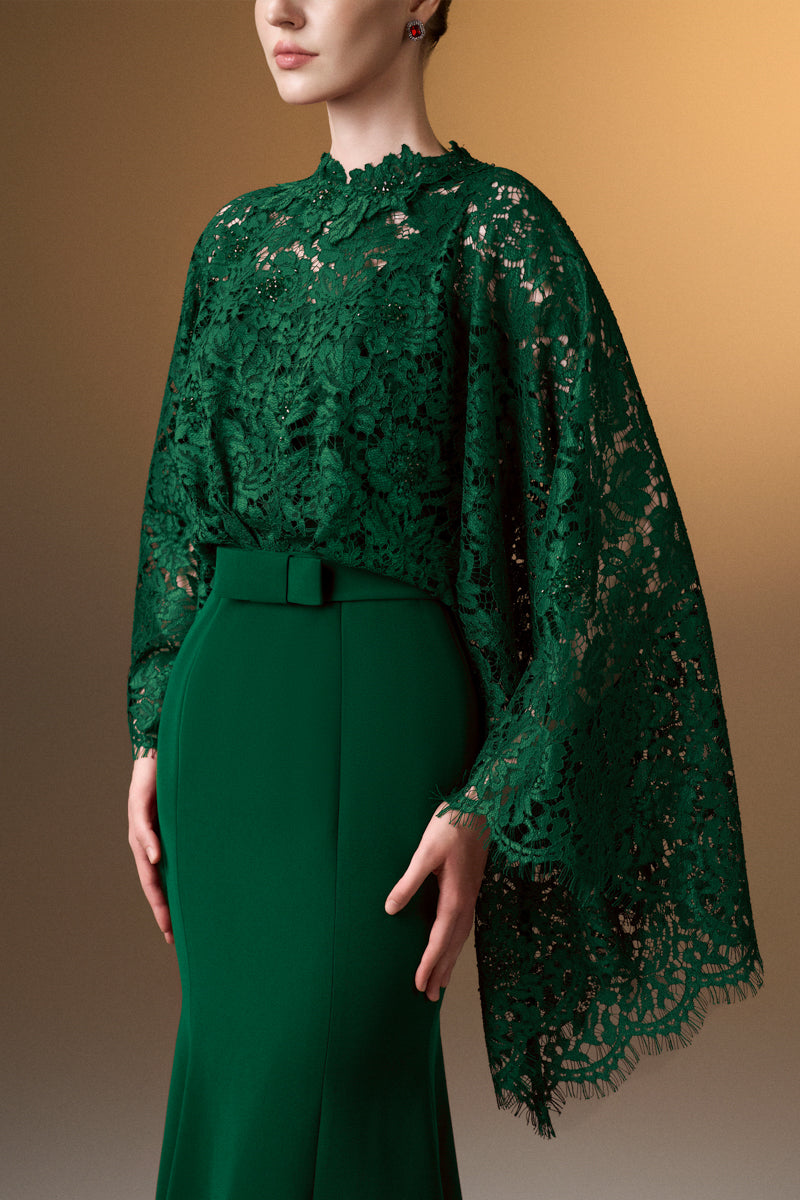 Round Neck Mermaid Gown With Kimono Sleeves In Green Crepe And French Lace