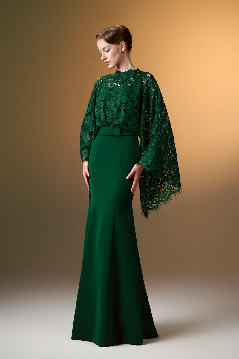 Round Neck Mermaid Gown With Kimono Sleeves In Green Crepe And French Lace