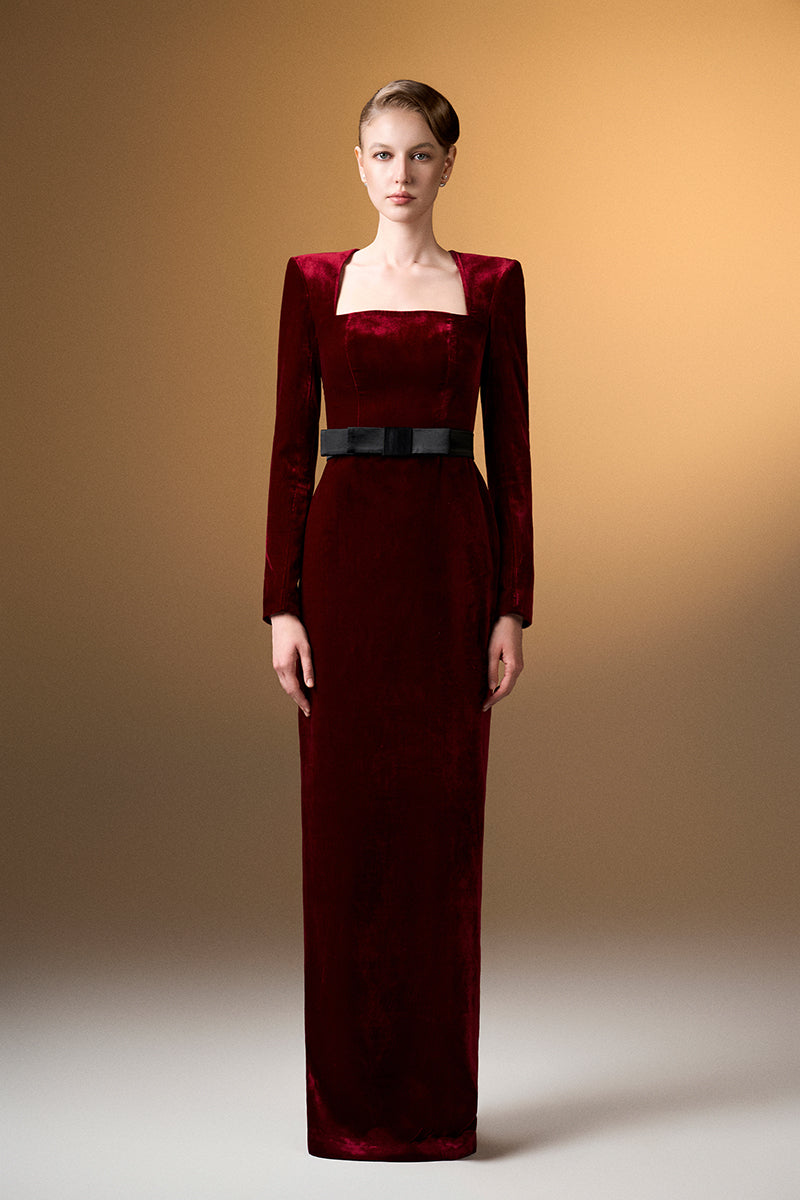 Trapeze Neck Column Gown With Long Sleeves In Dark Red Grain Velvet