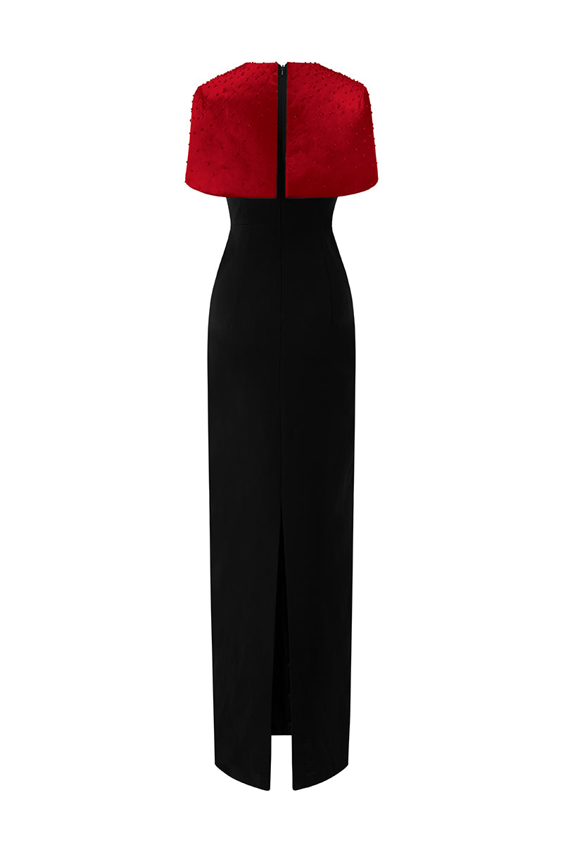 Round Neck Column Gown With Mini Cape In Beige And Black
