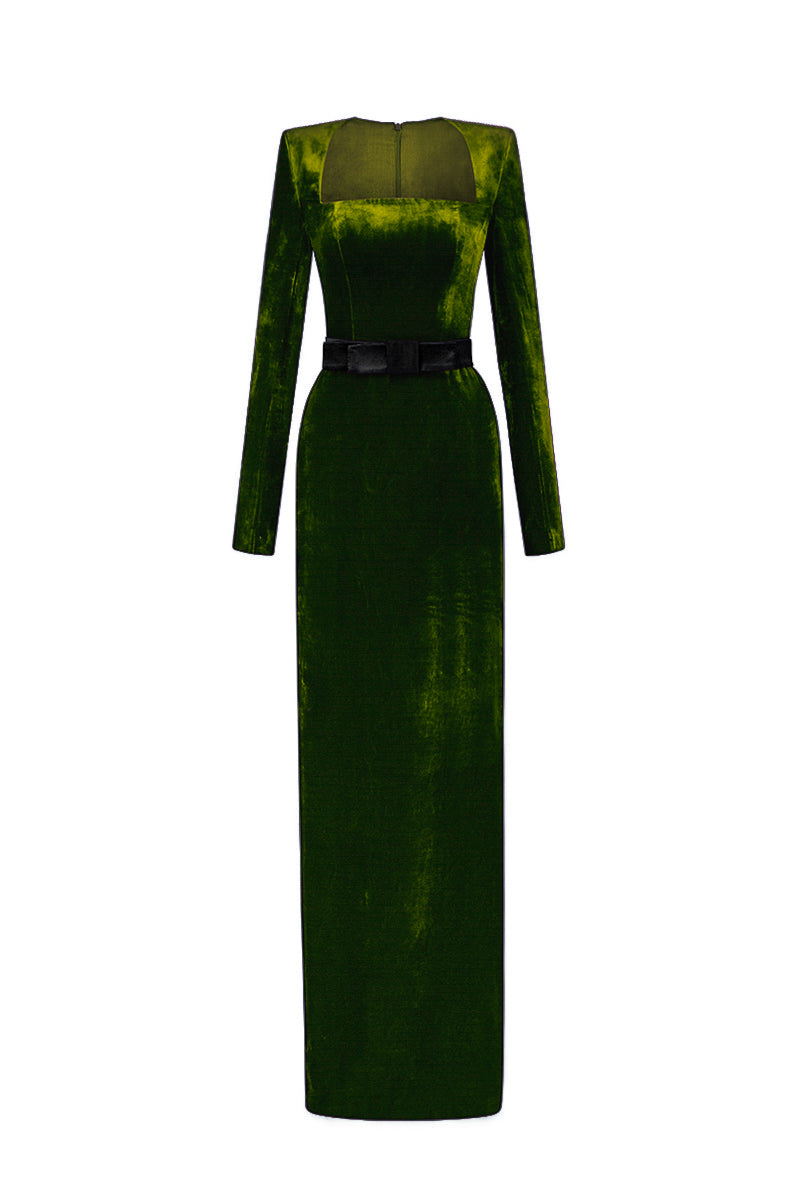 Trapeze Neck Column Gown With Long Sleeves In Light Green Grain Velvet