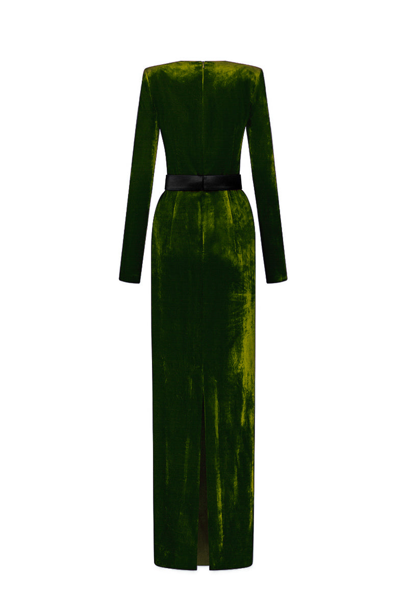 Trapeze Neck Column Gown With Long Sleeves In Light Green Grain Velvet