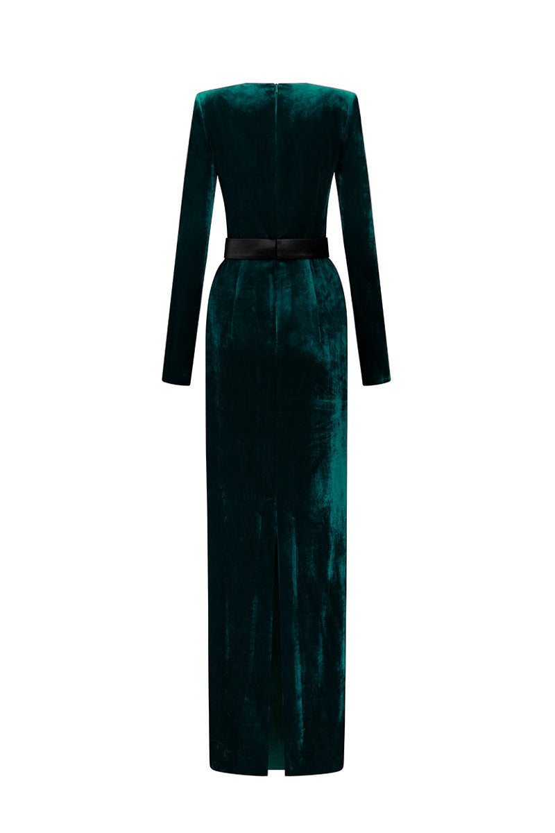 Trapeze Neck Column Gown With Long Sleeves In Dark Green Grain Velvet