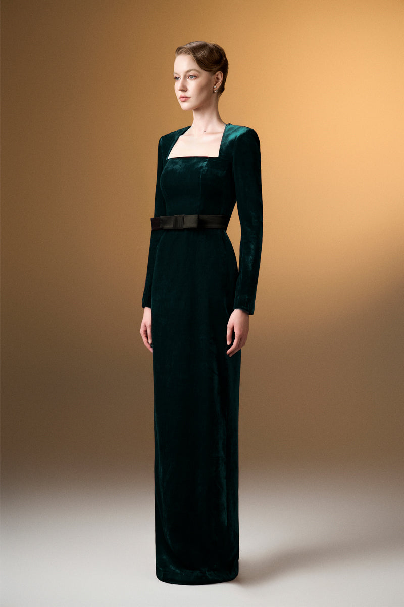 Trapeze Neck Column Gown With Long Sleeves In Dark Green Grain Velvet