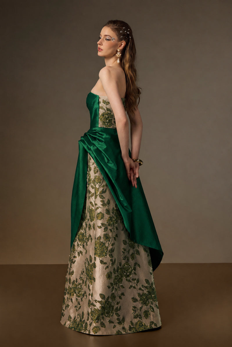 Bustier A-Line Gown With Asymmetric Draped Detail In Green Rose Branch Brocade & Taffeta