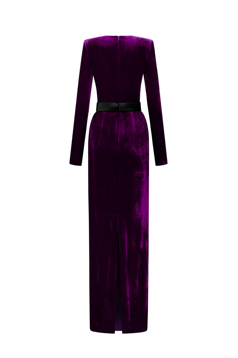 Trapeze Neck Column Gown With Long Sleeves In Dark Purple Grain Velvet