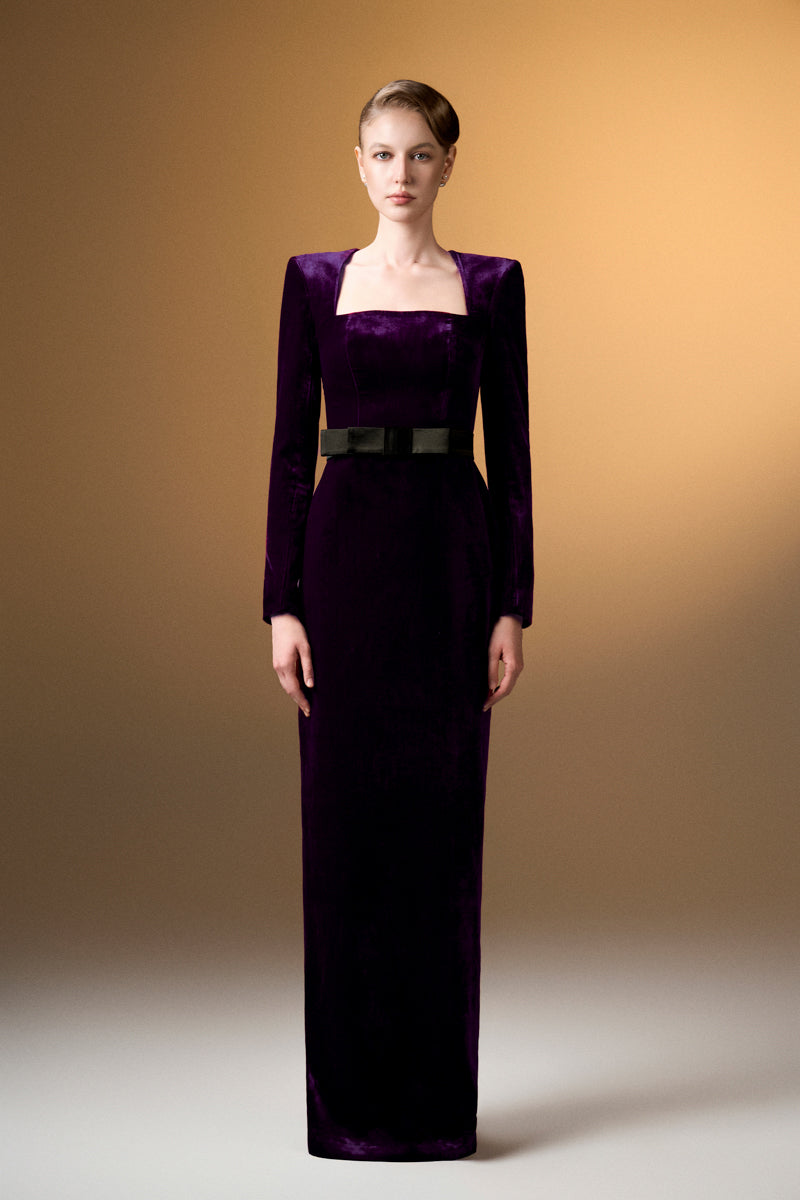 Trapeze Neck Column Gown With Long Sleeves In Dark Purple Grain Velvet