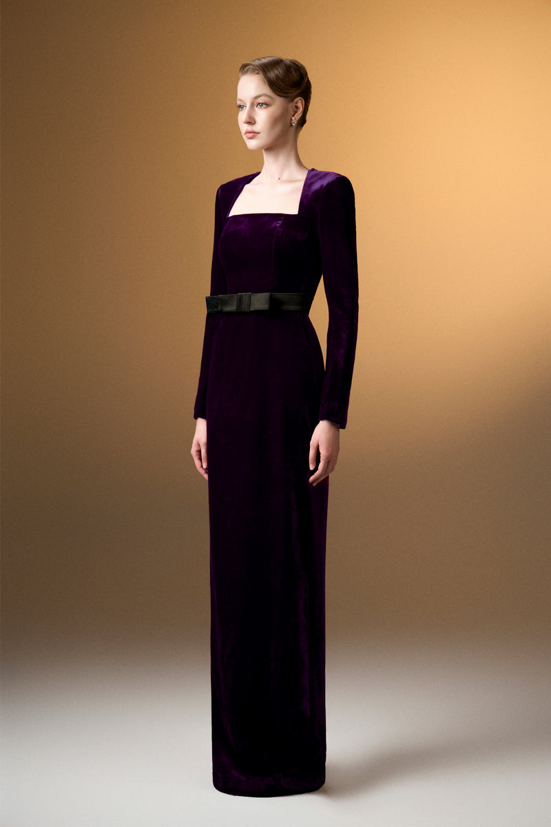 Trapeze Neck Column Gown With Long Sleeves In Dark Purple Grain Velvet