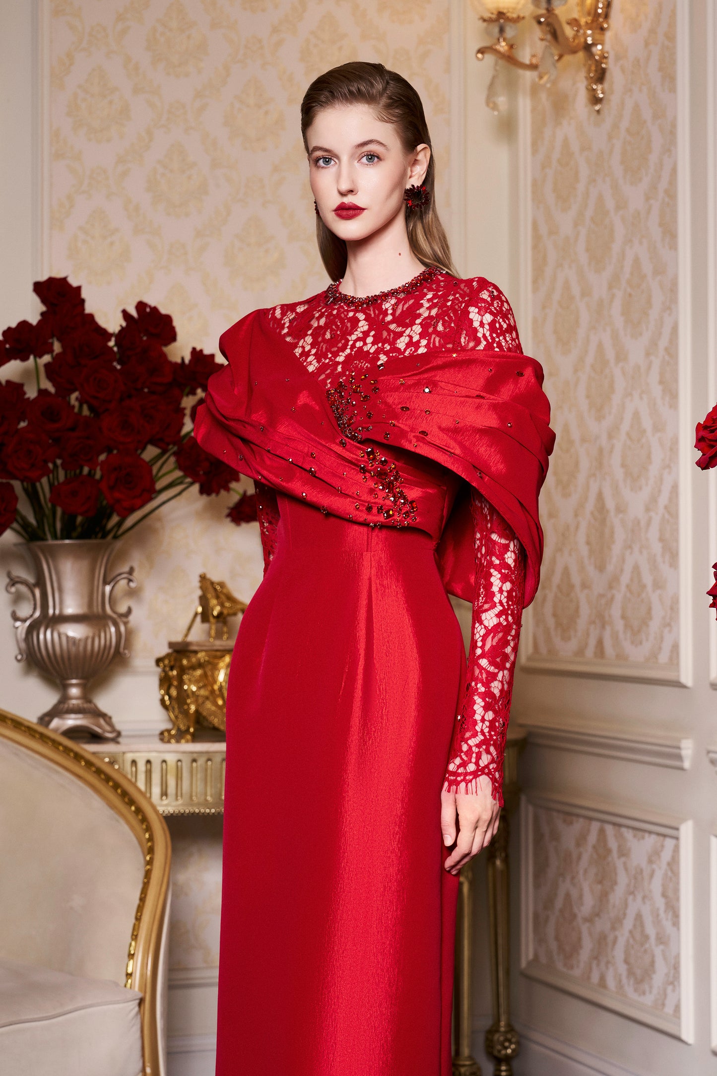 Draped Shoulder Taffeta Gown With Long Lace Sleeves