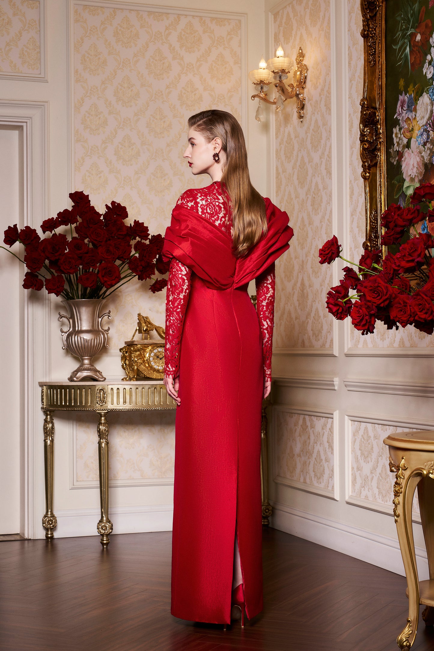 Draped Shoulder Taffeta Gown With Long Lace Sleeves