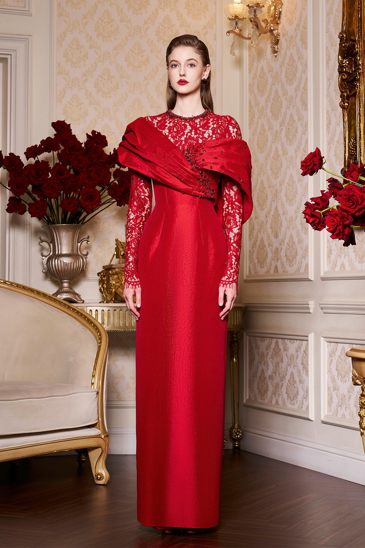 Draped Shoulder Taffeta Gown With Long Lace Sleeves