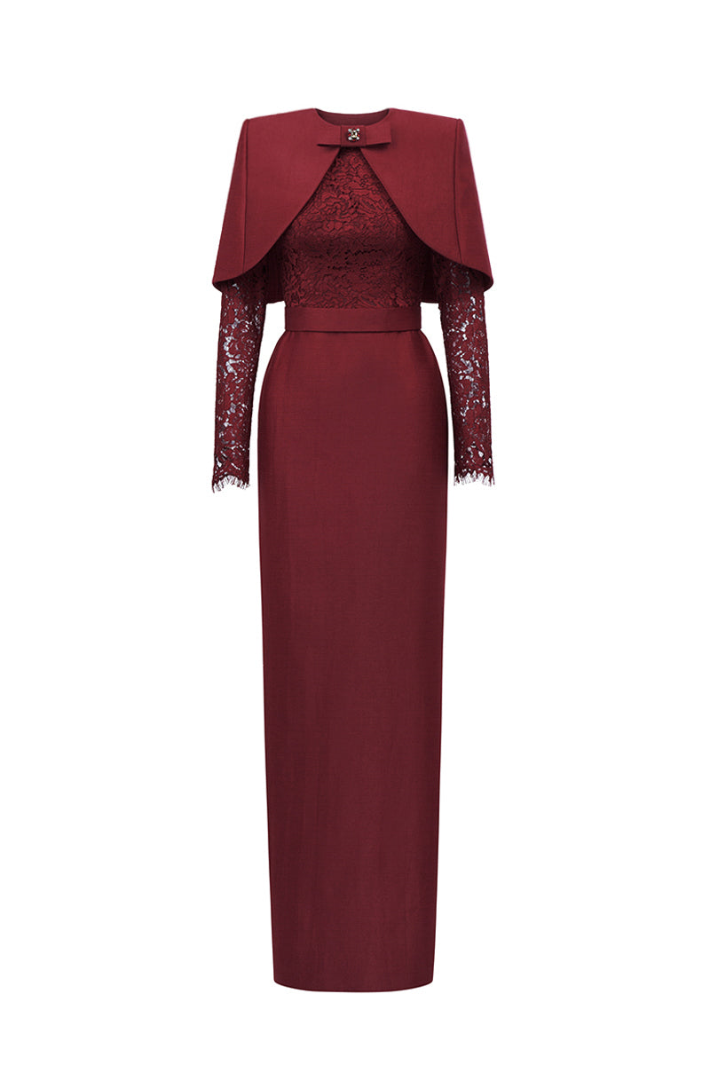 Round Neck Column Gown With With Long Sleeves And Mini Cape In Dark Red Bamboo Taffeta And French Lace