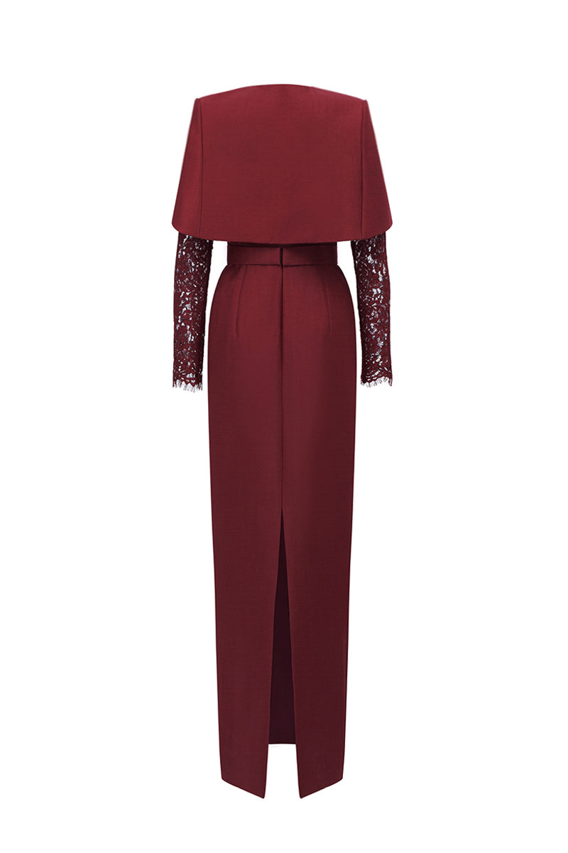 Round Neck Column Gown With With Long Sleeves And Mini Cape In Dark Red Bamboo Taffeta And French Lace