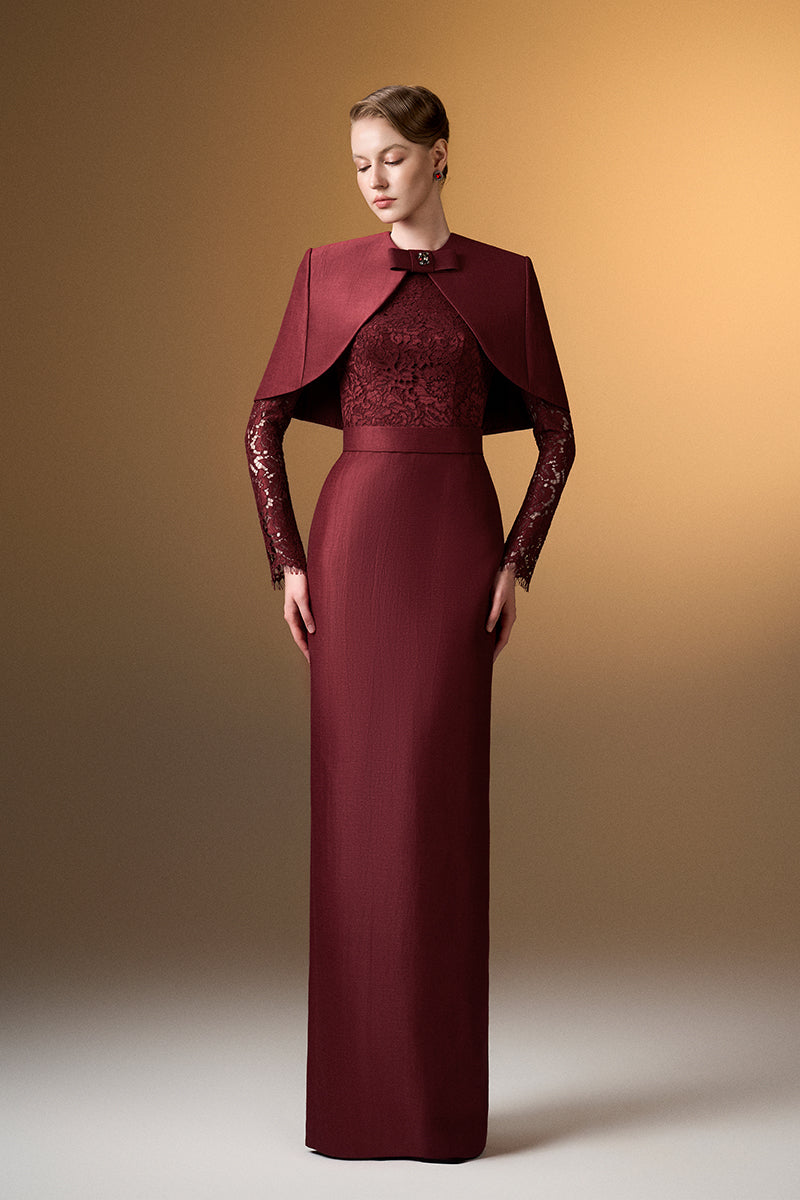 Round Neck Column Gown With With Long Sleeves And Mini Cape In Dark Red Bamboo Taffeta And French Lace