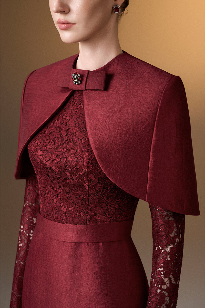 Round Neck Column Gown With With Long Sleeves And Mini Cape In Dark Red Bamboo Taffeta And French Lace