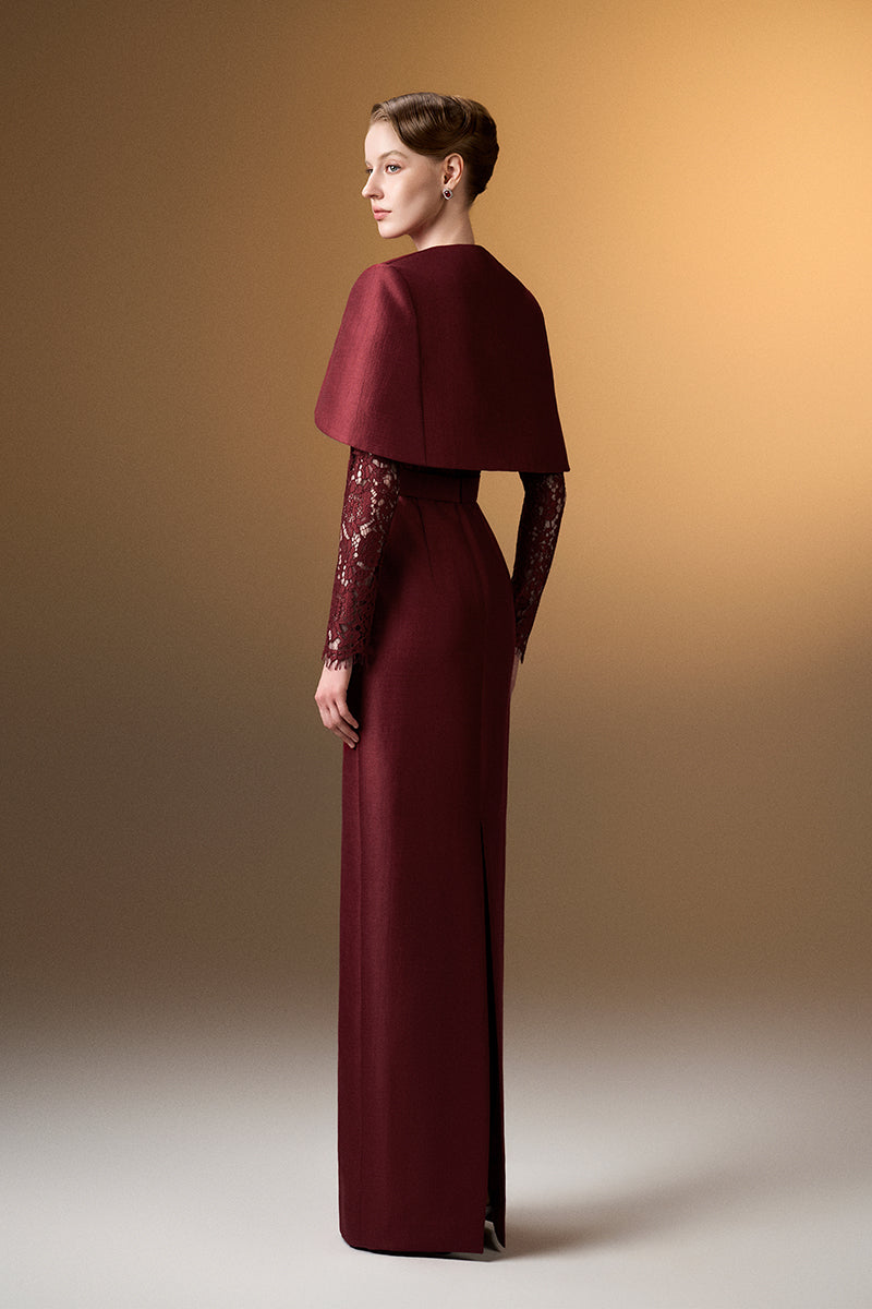 Round Neck Column Gown With With Long Sleeves And Mini Cape In Dark Red Bamboo Taffeta And French Lace