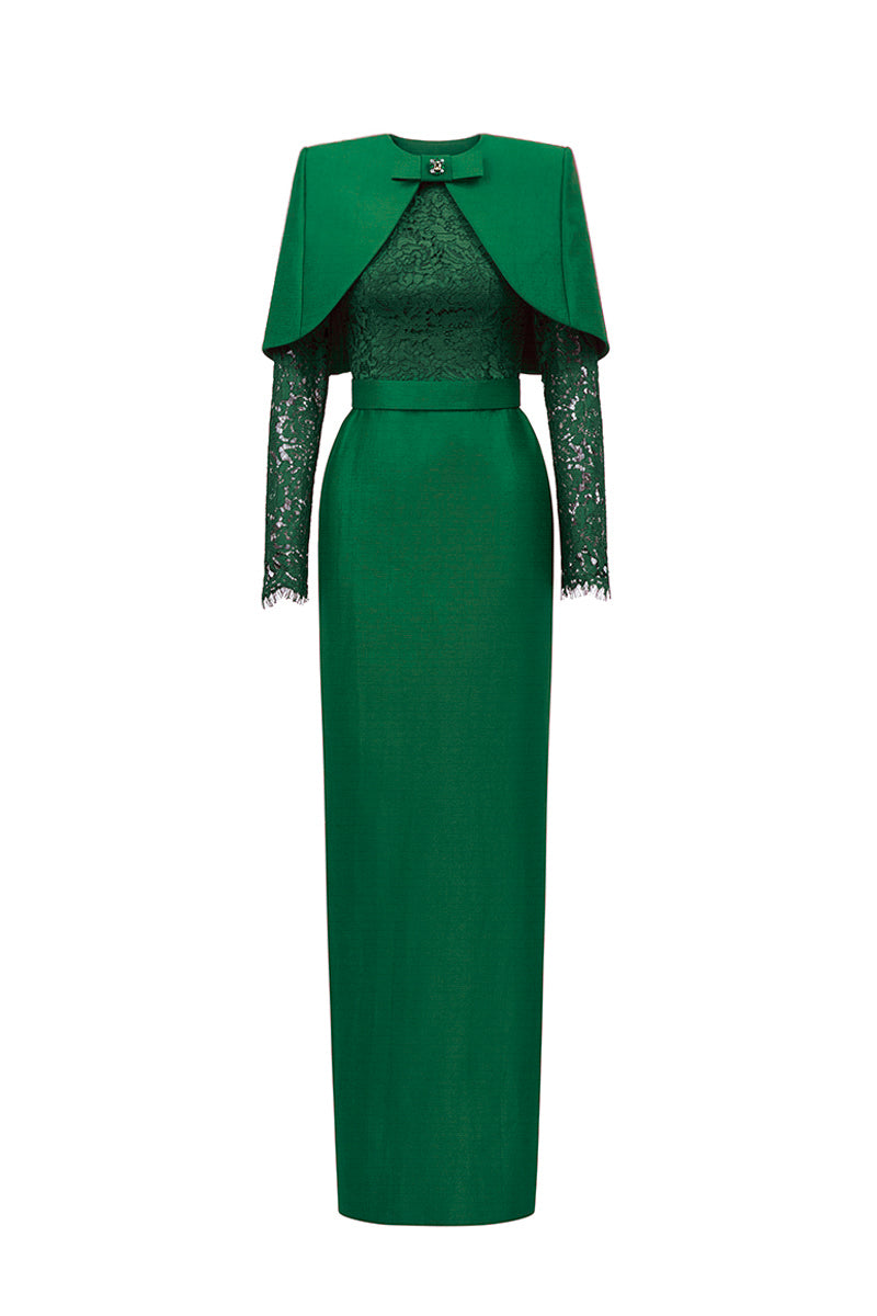 Round Neck Column Gown With With Long Sleeves And Mini Cape In Green Bamboo Taffeta And French Lace