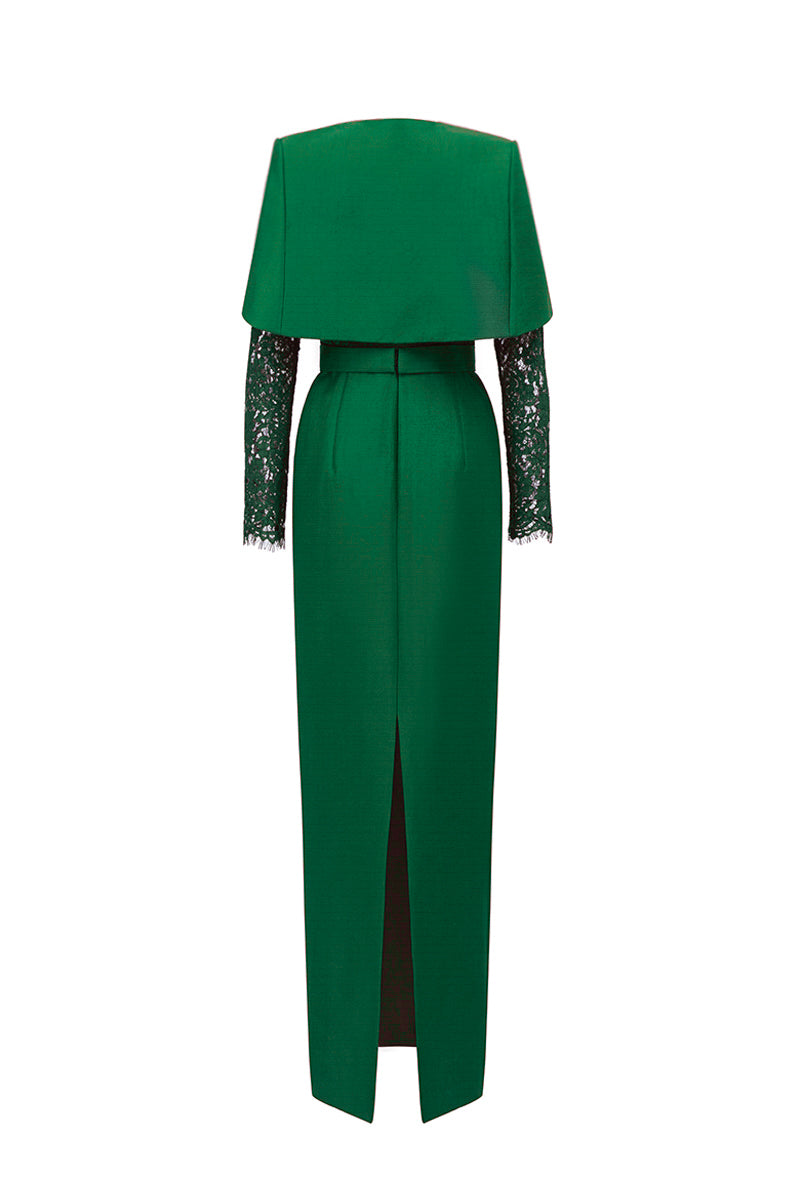 Round Neck Column Gown With With Long Sleeves And Mini Cape In Green Bamboo Taffeta And French Lace