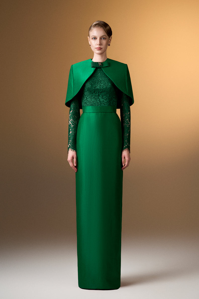 Round Neck Column Gown With With Long Sleeves And Mini Cape In Green Bamboo Taffeta And French Lace