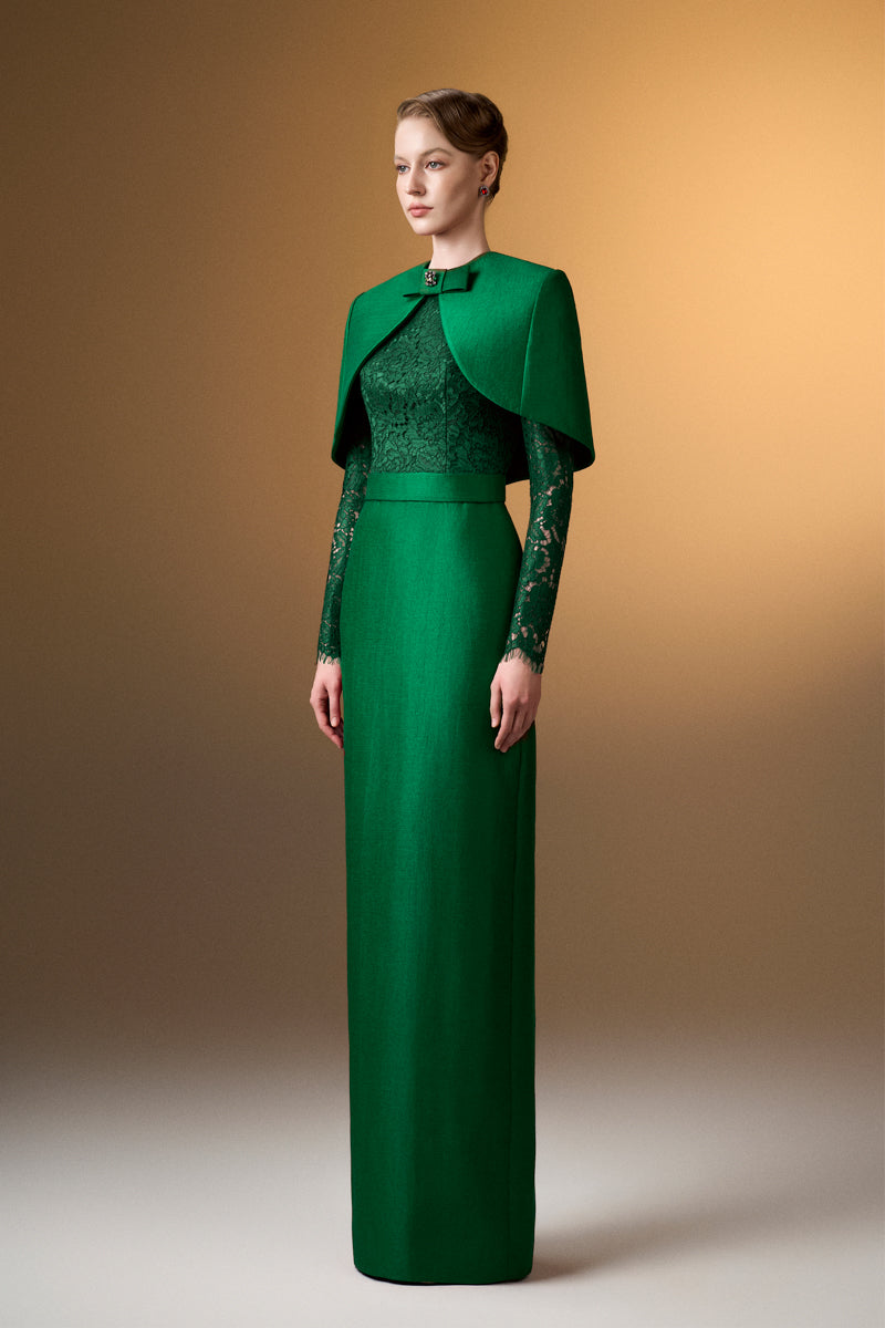 Round Neck Column Gown With With Long Sleeves And Mini Cape In Green Bamboo Taffeta And French Lace