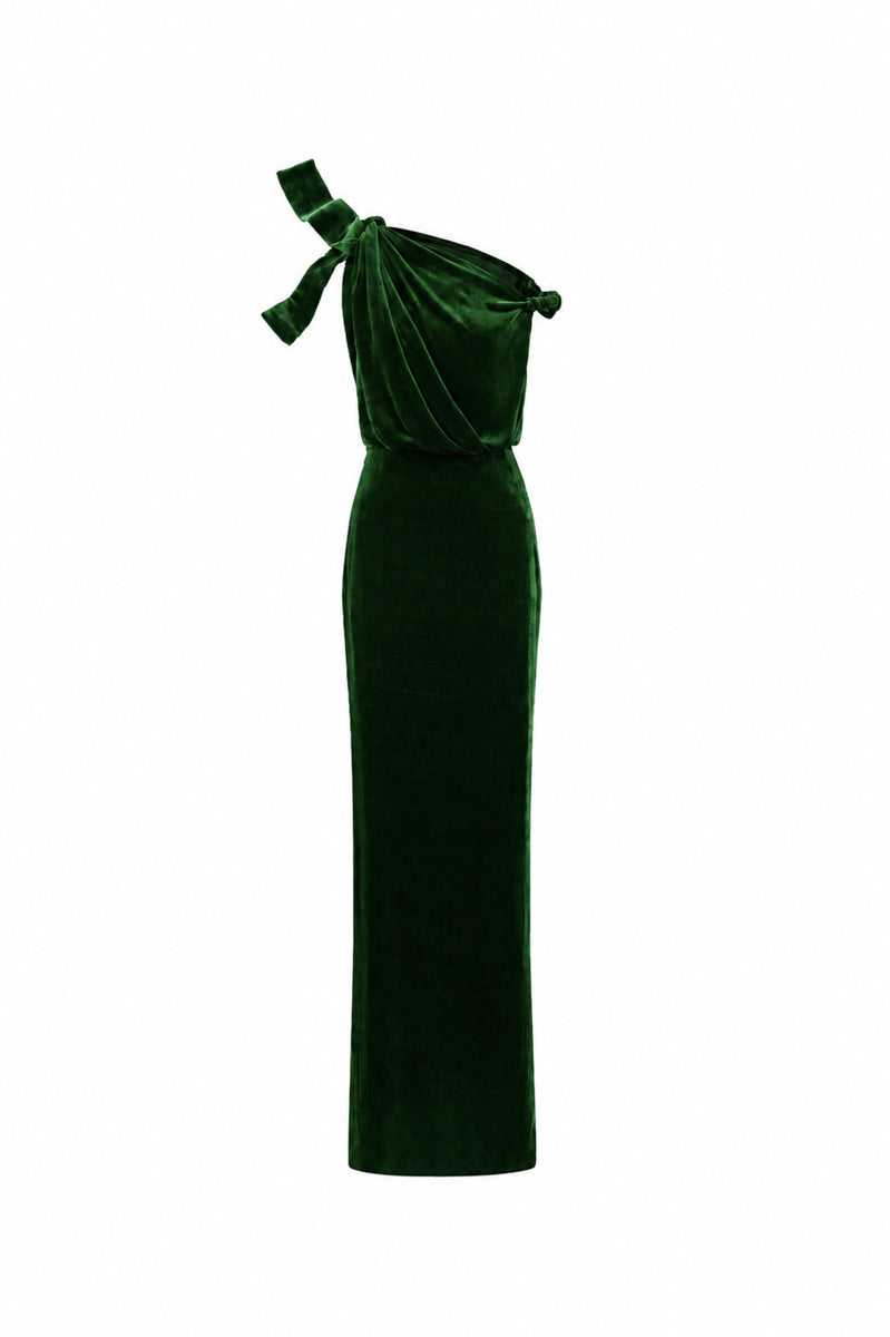Asymmetric One-Shoulder Column Gown With Flow Drape Detail In Green Velvet
