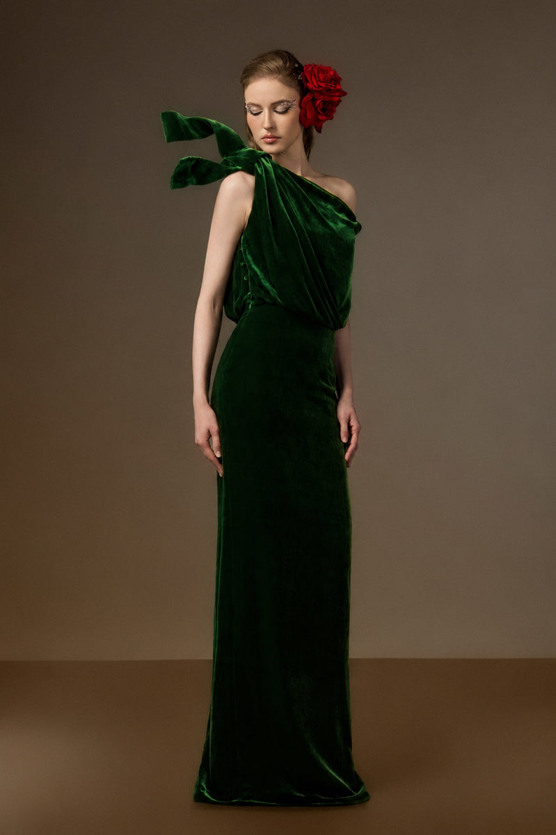 Asymmetric One-Shoulder Column Gown With Flow Drape Detail In Green Velvet