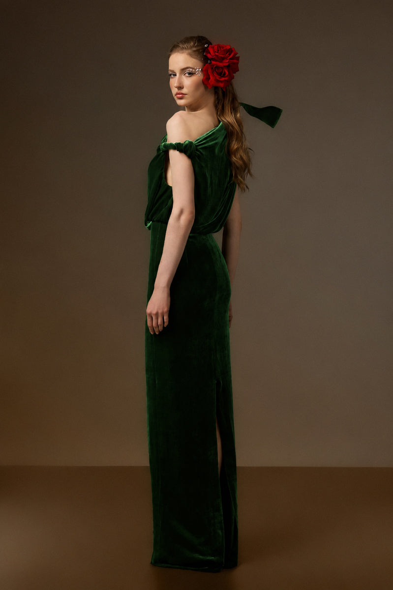 Asymmetric One-Shoulder Column Gown With Flow Drape Detail In Green Velvet
