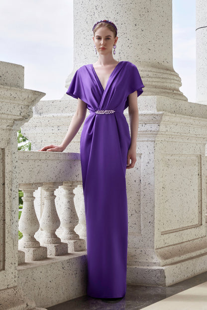 V-Neck Gown With Drapped Waist Detail