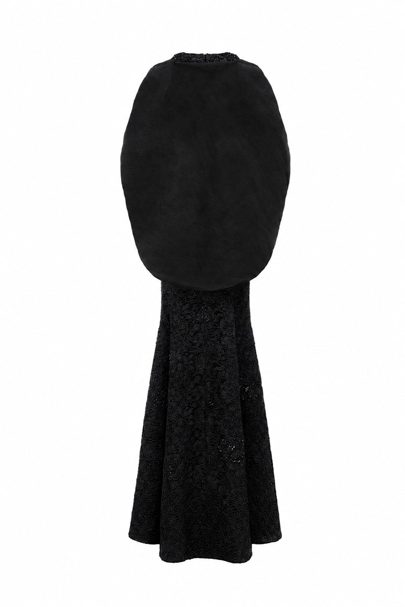 V Neck Mermaid Gown With Hooded Cape In Bloom Rose Lace & Organza