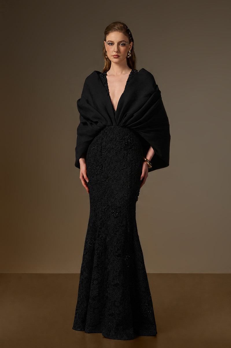 V Neck Mermaid Gown With Hooded Cape In Bloom Rose Lace & Organza