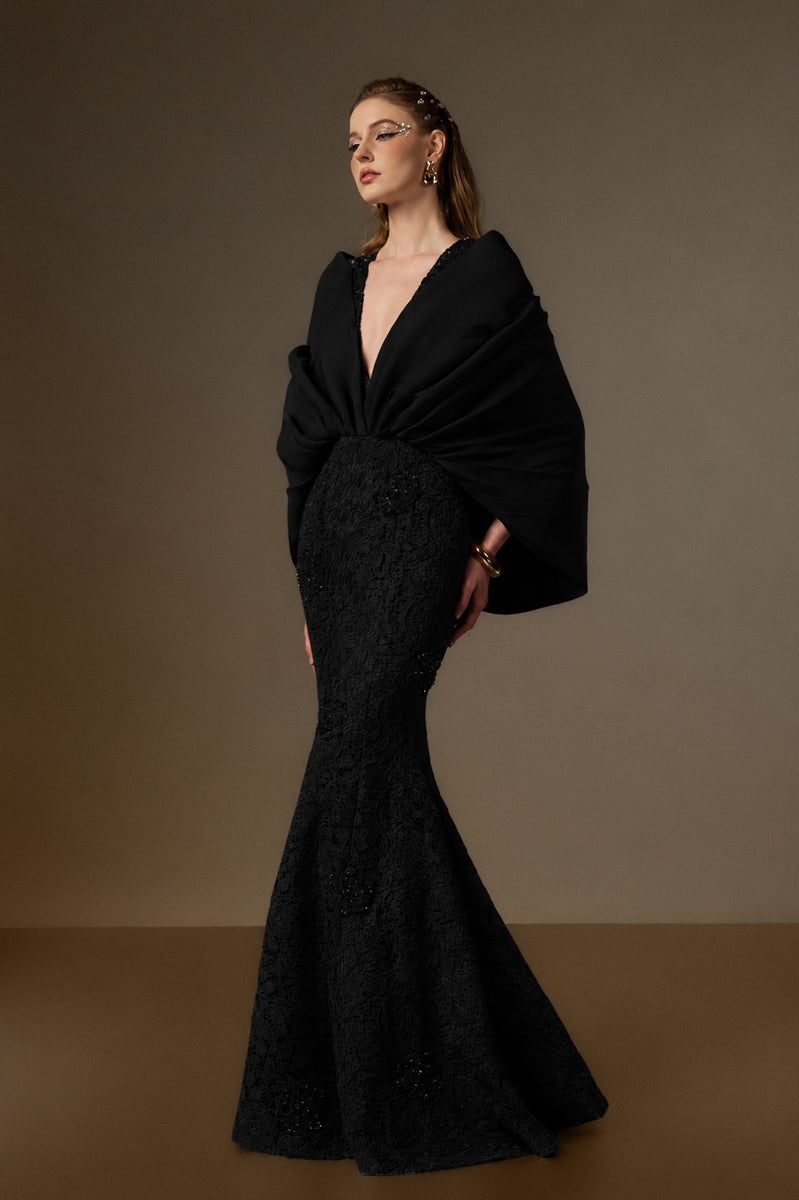 V Neck Mermaid Gown With Hooded Cape In Bloom Rose Lace & Organza