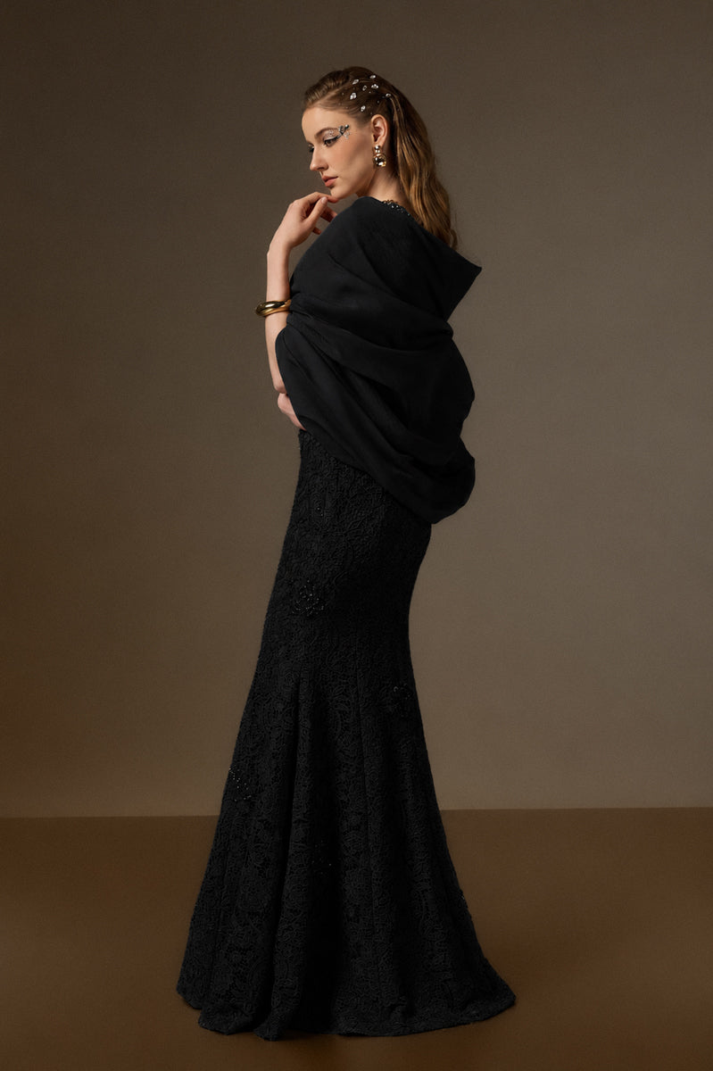 V Neck Mermaid Gown With Hooded Cape In Bloom Rose Lace & Organza