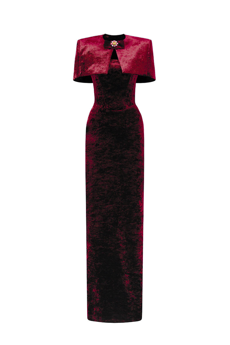 Strapless Column Gown With Mini Cape In Dark Red Grain Velvet