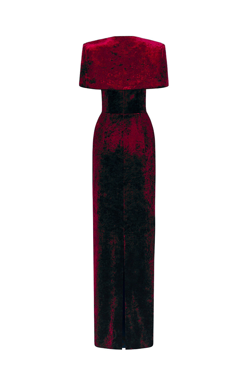 Strapless Column Gown With Mini Cape In Dark Red Grain Velvet
