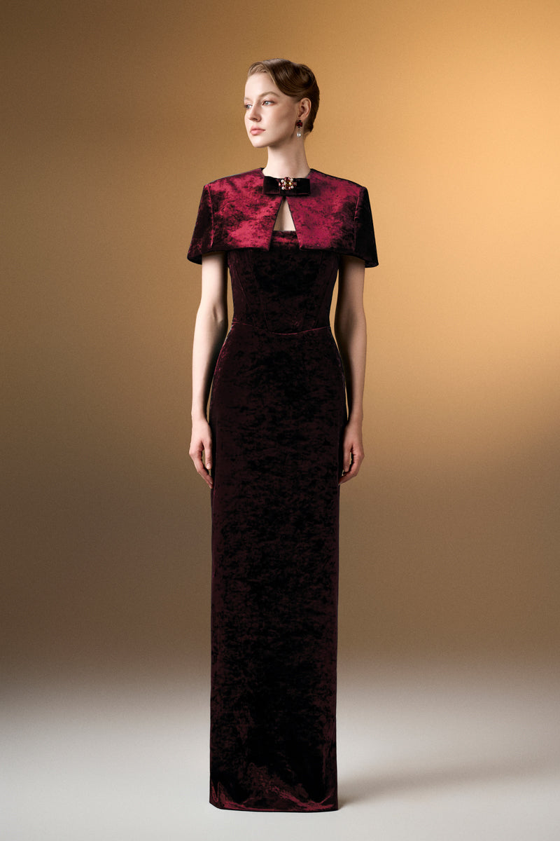 Strapless Column Gown With Mini Cape In Dark Red Grain Velvet